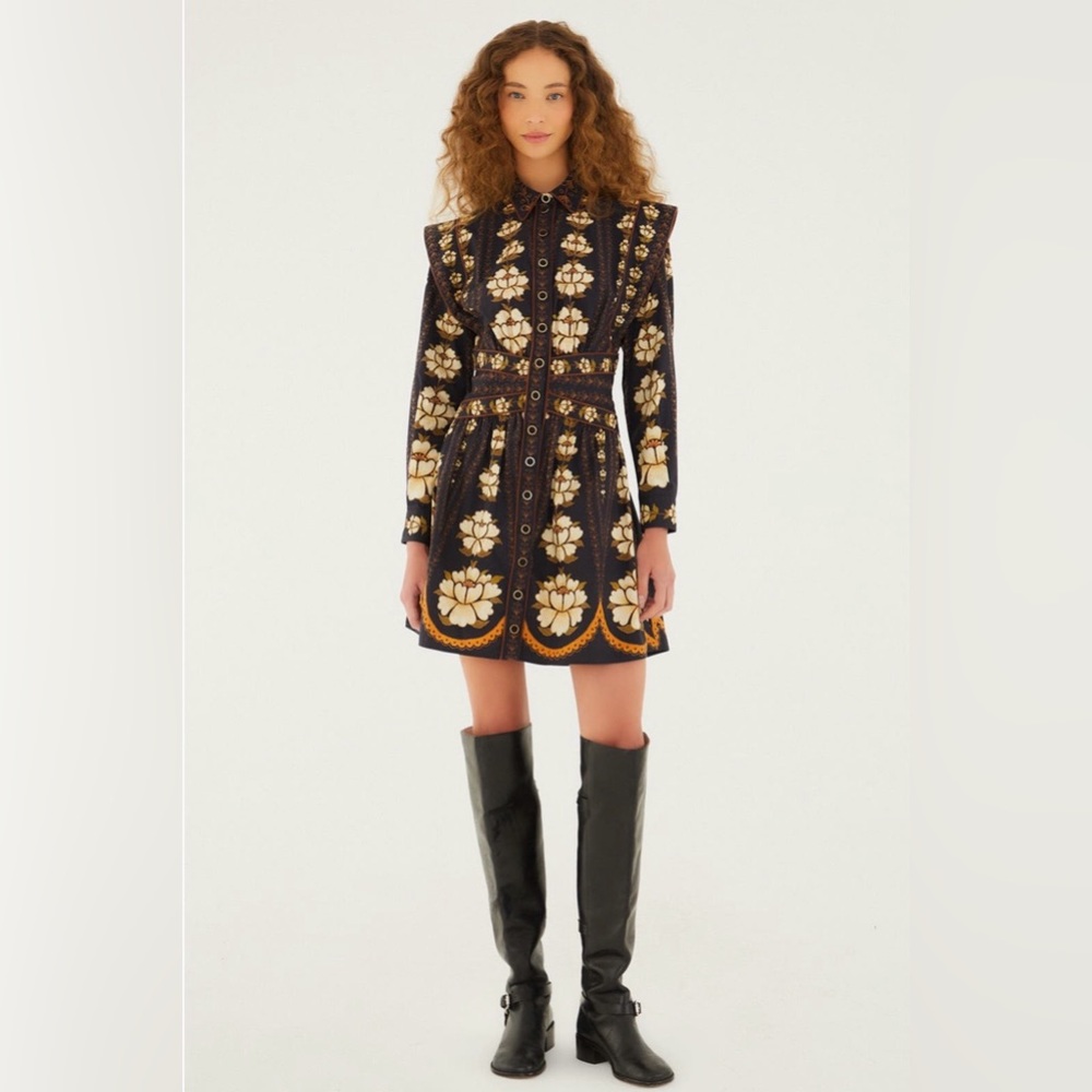 FARM RIO Embroidered Black and Cream Mini Dress